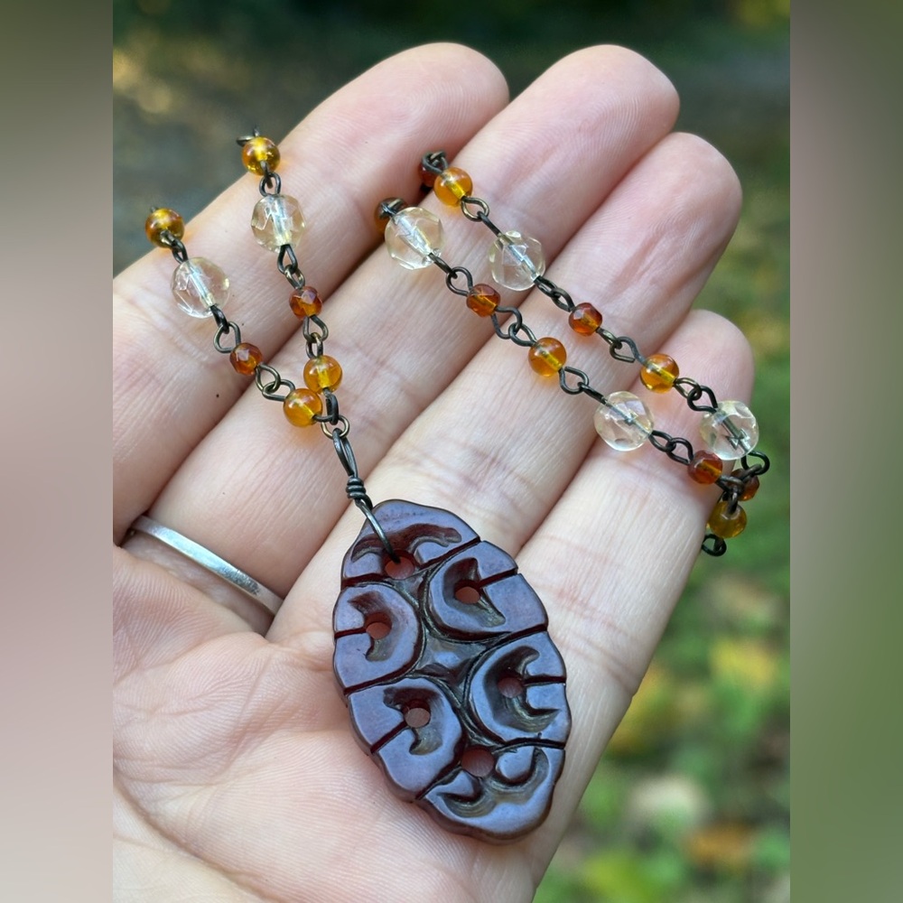 VINTAGE Chinese Carved Carnelian Stone Pendant Necklace Intricate Design Unisex